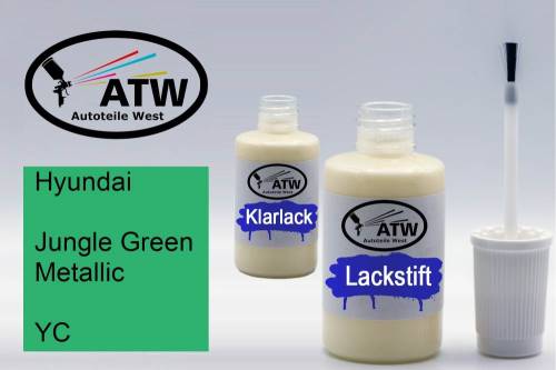 Hyundai, Jungle Green Metallic, YC: 20ml Lackstift + 20ml Klarlack - Set, von ATW Autoteile West.